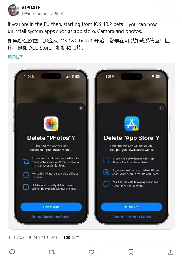 东澳镇苹果手机维修分享iOS 18.2 支持删除 App Store 应用商店 