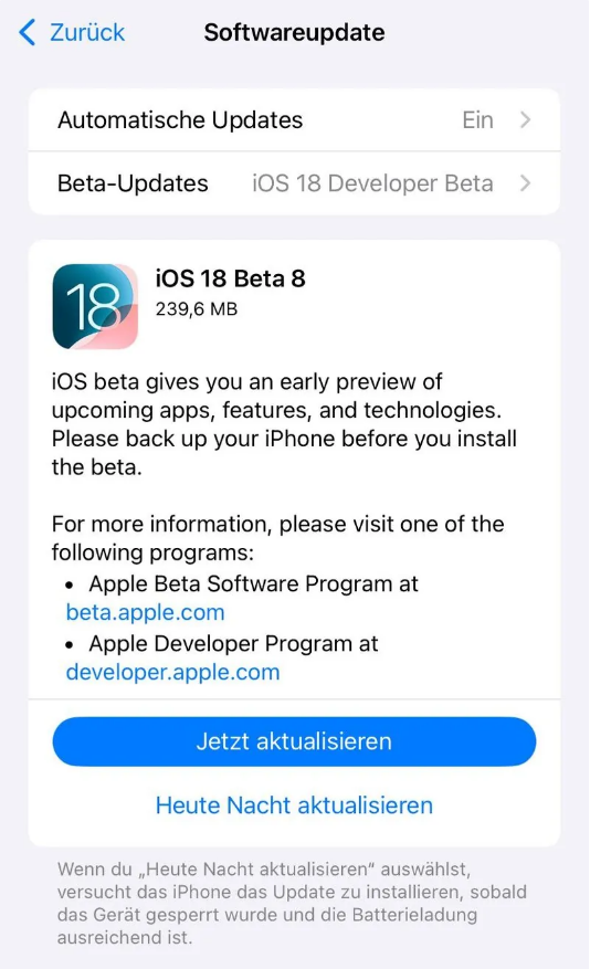 东澳镇苹果手机维修分享苹果 iOS / iPadOS 18 开发者预览版 Beta 8 发布 